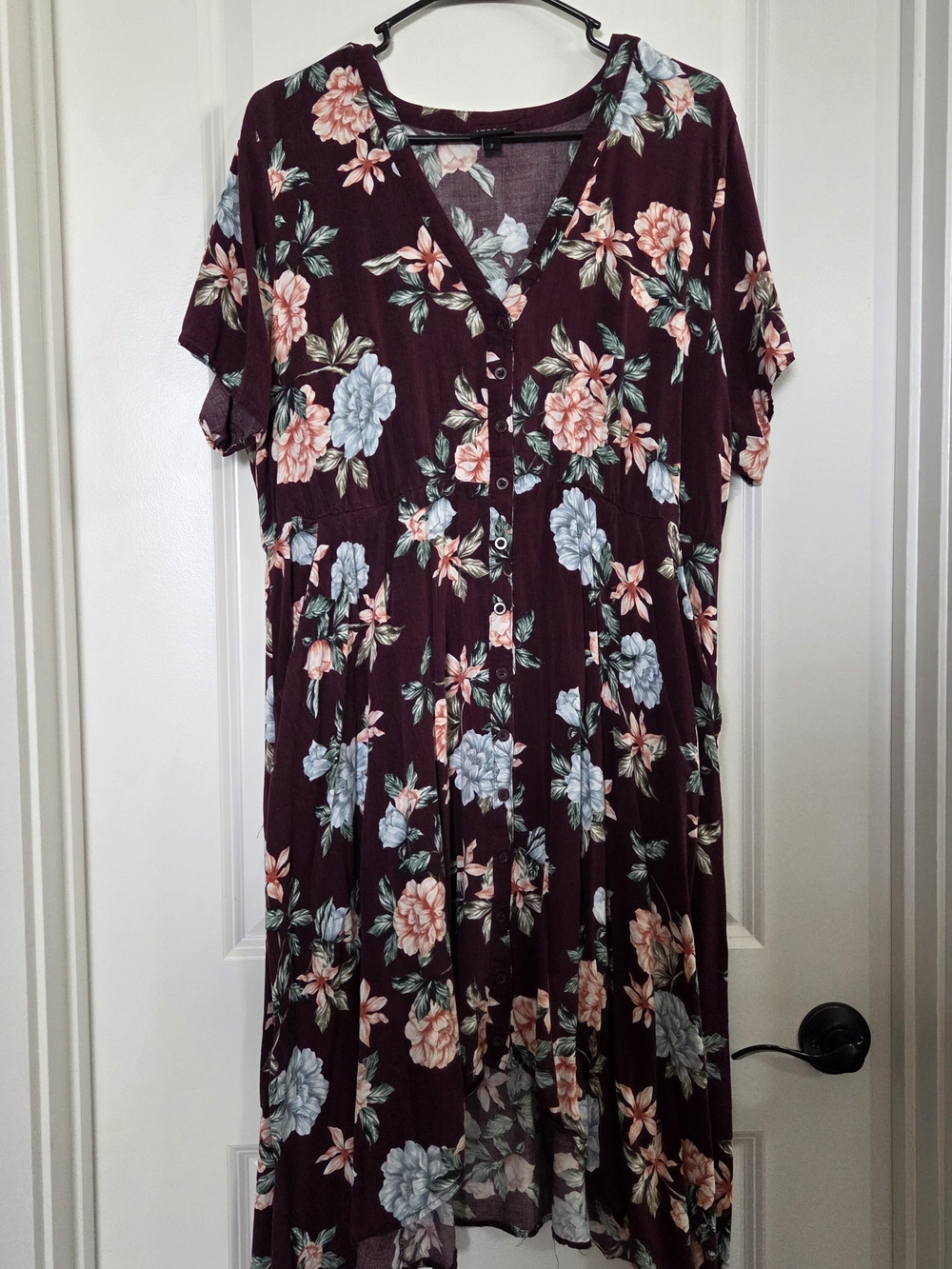 Floral V-Neck Button Front Midi Dress - Burgundy